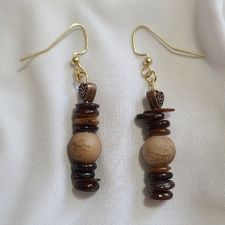 Brown Round & Shell Dangle Earrings