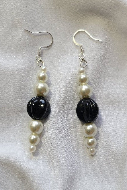 Ivory Pearls and Black Dangle Earrings