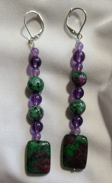 Jasper in Green & Amethyst Dangle Earrings