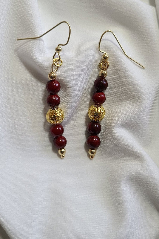 Dangle  Dark Red Quartz Stone with Gold tone beads
