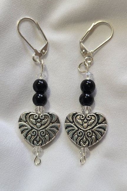 Silver Heart and Black Bead Dangle Earrings