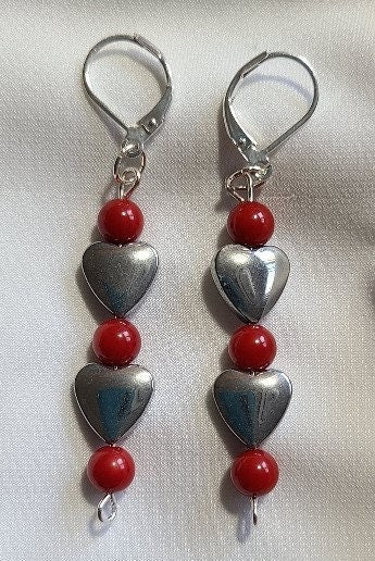 Silver and Red Dangle Heart Earrings