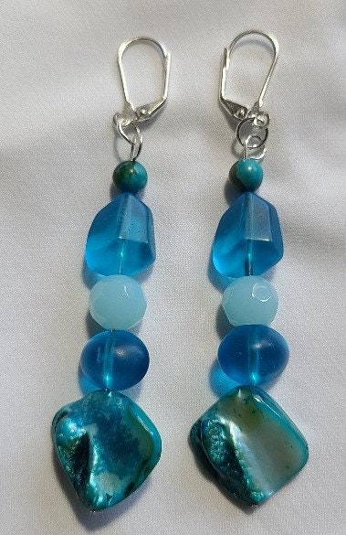 Blue Shell and Nugget Dangle Earrings
